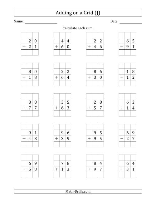 The Adding 2-Digit Plus 2-Digit Numbers on a Grid (J) Math Worksheet