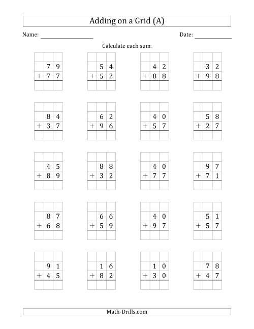 The Adding 2-Digit Plus 2-Digit Numbers on a Grid (All) Math Worksheet