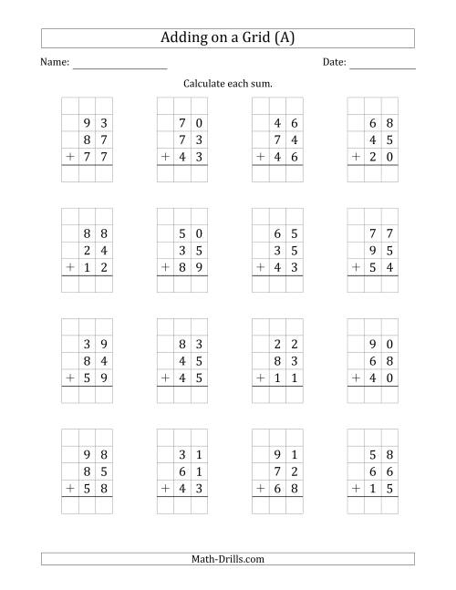The Adding Three 2-Digit Numbers on a Grid (A) Math Worksheet
