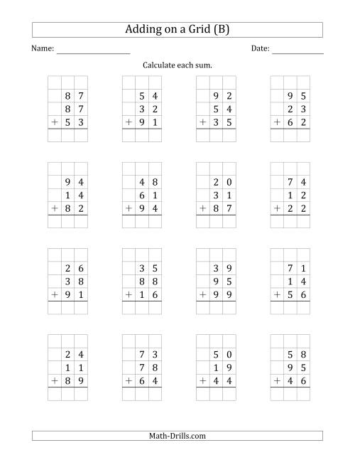 The Adding Three 2-Digit Numbers on a Grid (B) Math Worksheet