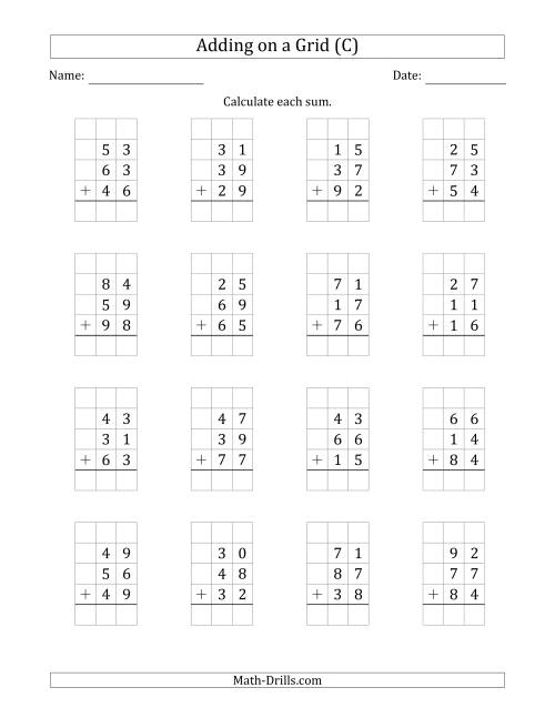 The Adding Three 2-Digit Numbers on a Grid (C) Math Worksheet
