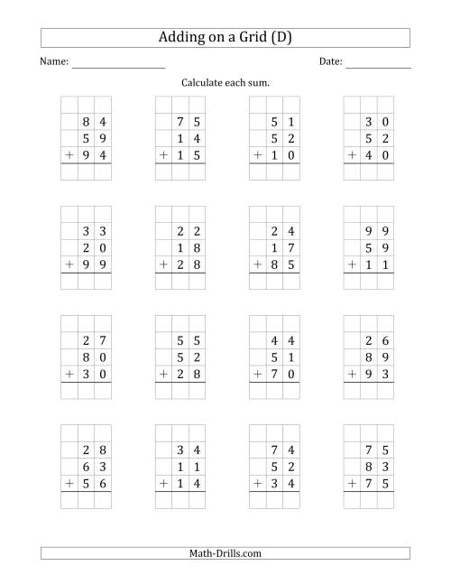 The Adding Three 2-Digit Numbers on a Grid (D) Math Worksheet