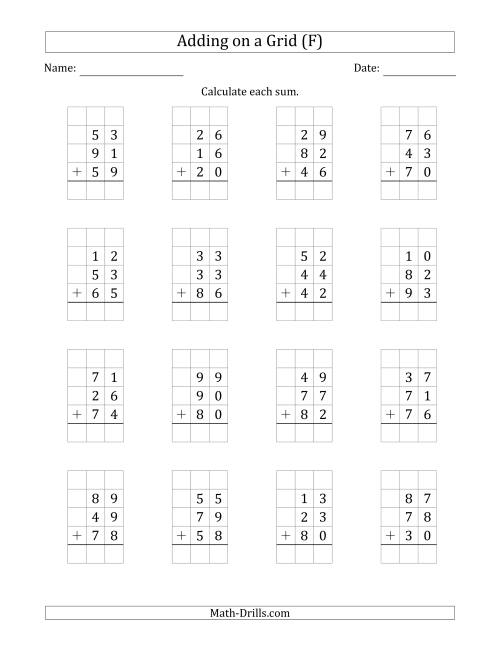 The Adding Three 2-Digit Numbers on a Grid (F) Math Worksheet