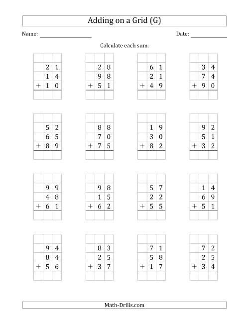 The Adding Three 2-Digit Numbers on a Grid (G) Math Worksheet