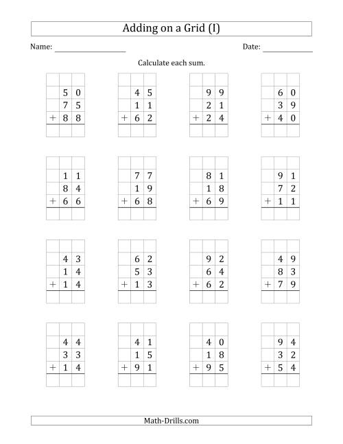 The Adding Three 2-Digit Numbers on a Grid (I) Math Worksheet