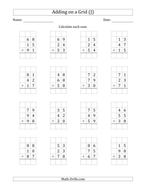 The Adding Three 2-Digit Numbers on a Grid (J) Math Worksheet
