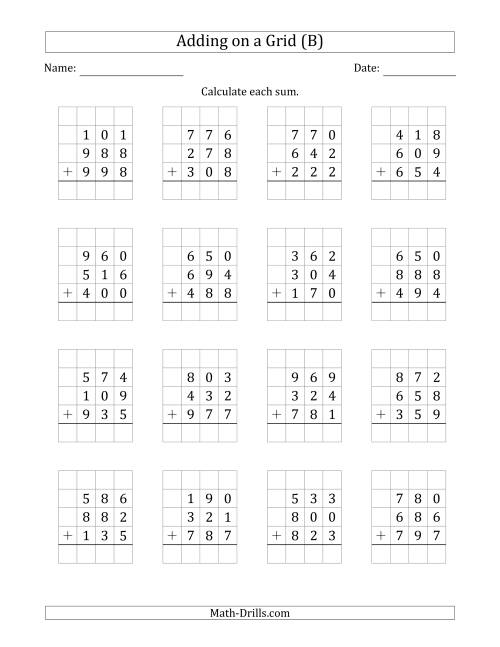 The Adding Three 3-Digit Numbers on a Grid (B) Math Worksheet