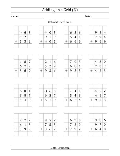 The Adding Three 3-Digit Numbers on a Grid (D) Math Worksheet