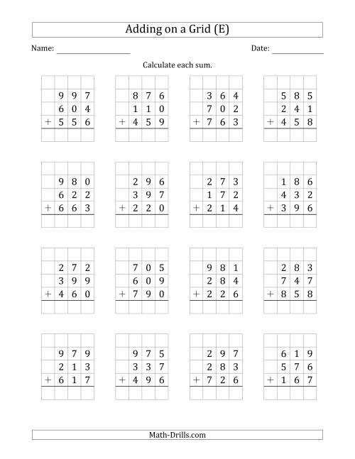 The Adding Three 3-Digit Numbers on a Grid (E) Math Worksheet
