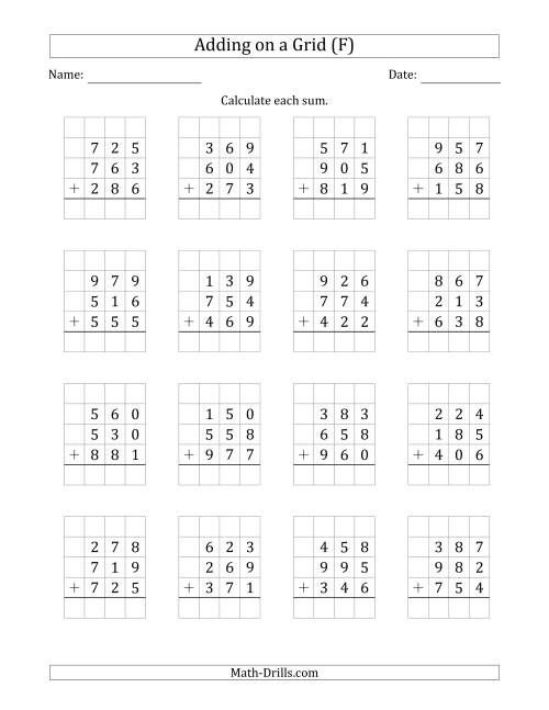 The Adding Three 3-Digit Numbers on a Grid (F) Math Worksheet
