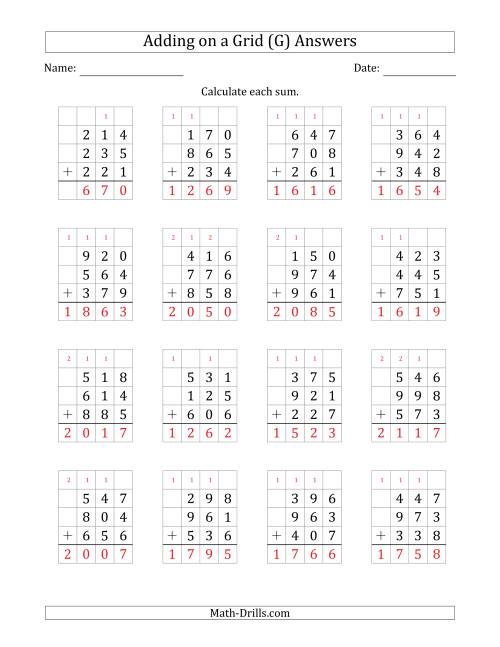 The Adding Three 3-Digit Numbers on a Grid (G) Math Worksheet Page 2
