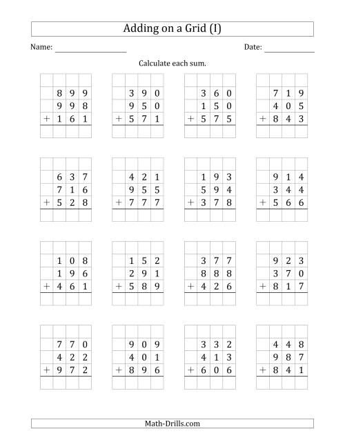 The Adding Three 3-Digit Numbers on a Grid (I) Math Worksheet