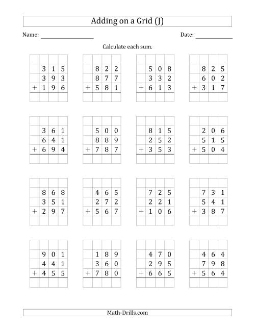 The Adding Three 3-Digit Numbers on a Grid (J) Math Worksheet