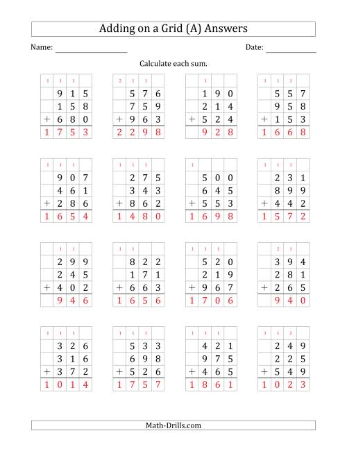 The Adding Three 3-Digit Numbers on a Grid (All) Math Worksheet Page 2