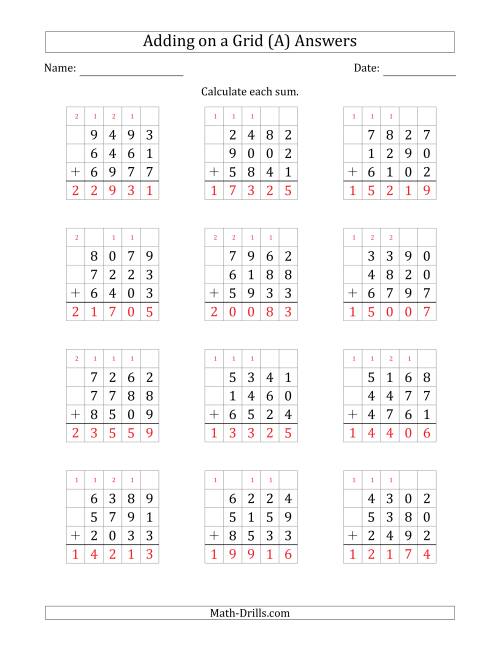 The Adding Three 4-Digit Numbers on a Grid (A) Math Worksheet Page 2