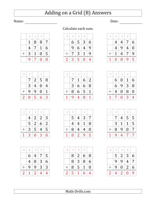 The Adding Three 4-Digit Numbers on a Grid (B) Math Worksheet Page 2