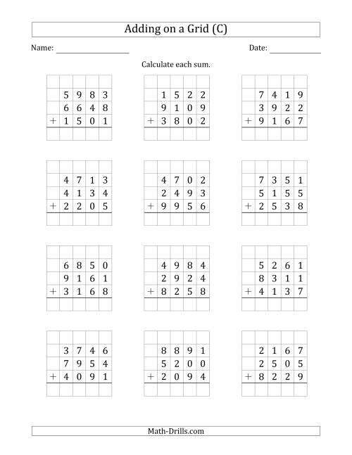 The Adding Three 4-Digit Numbers on a Grid (C) Math Worksheet