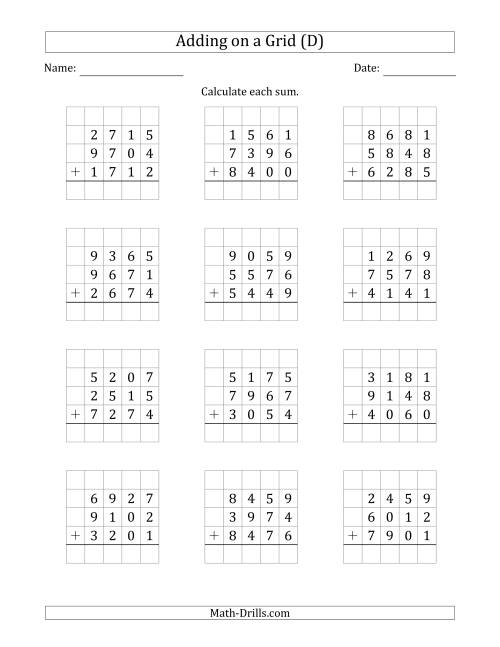 The Adding Three 4-Digit Numbers on a Grid (D) Math Worksheet