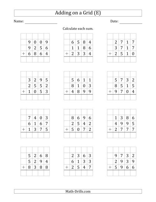 The Adding Three 4-Digit Numbers on a Grid (E) Math Worksheet