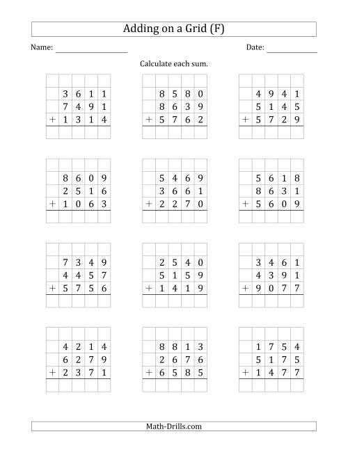 The Adding Three 4-Digit Numbers on a Grid (F) Math Worksheet