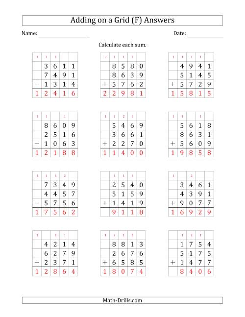 The Adding Three 4-Digit Numbers on a Grid (F) Math Worksheet Page 2