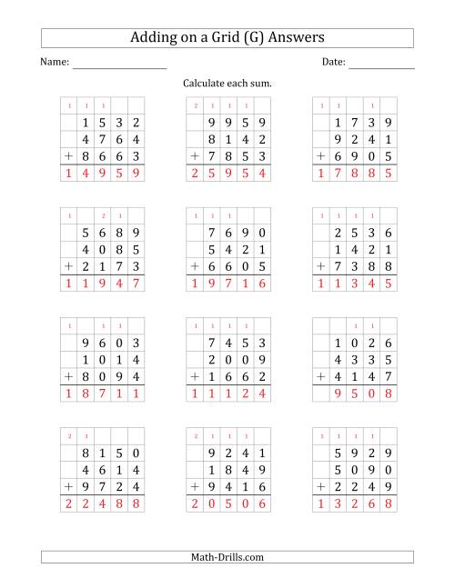 The Adding Three 4-Digit Numbers on a Grid (G) Math Worksheet Page 2
