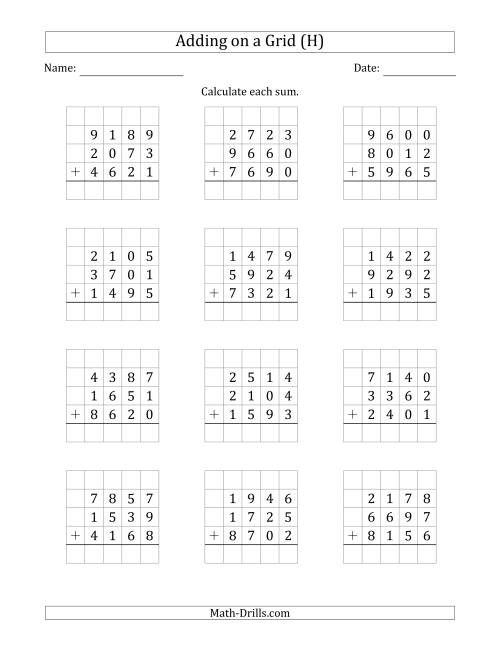 The Adding Three 4-Digit Numbers on a Grid (H) Math Worksheet