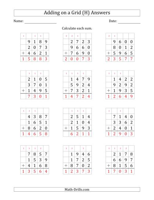 The Adding Three 4-Digit Numbers on a Grid (H) Math Worksheet Page 2
