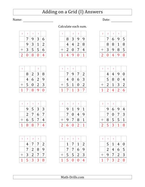 The Adding Three 4-Digit Numbers on a Grid (I) Math Worksheet Page 2
