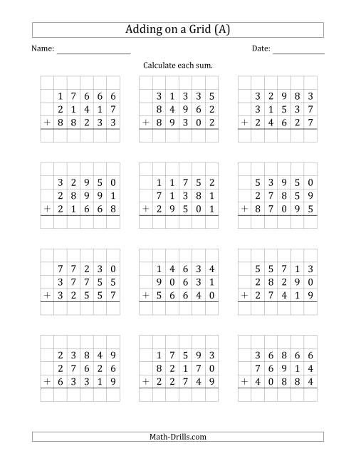 The Adding Three 5-Digit Numbers on a Grid (A) Math Worksheet