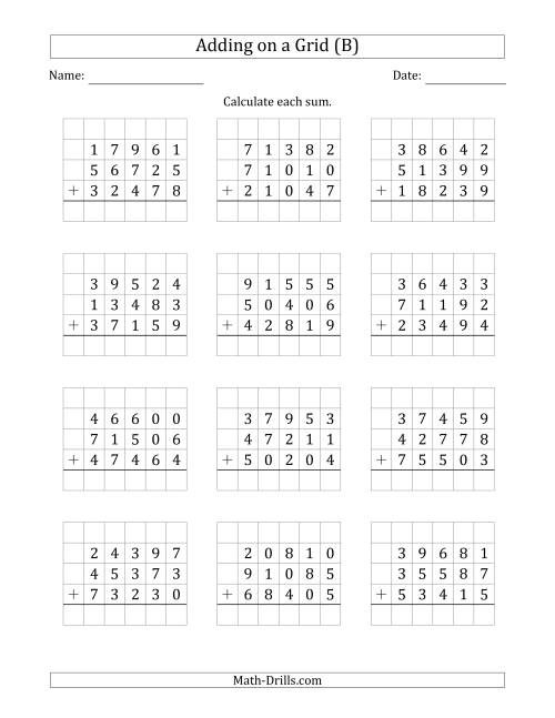 The Adding Three 5-Digit Numbers on a Grid (B) Math Worksheet
