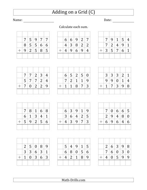 The Adding Three 5-Digit Numbers on a Grid (C) Math Worksheet