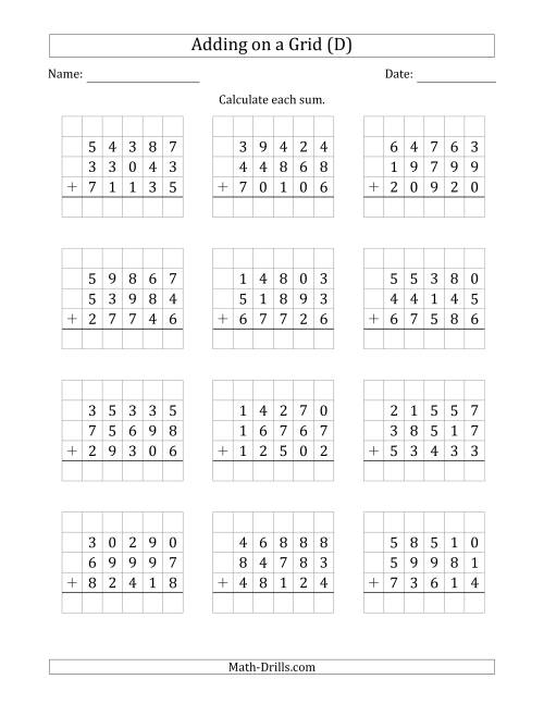 The Adding Three 5-Digit Numbers on a Grid (D) Math Worksheet