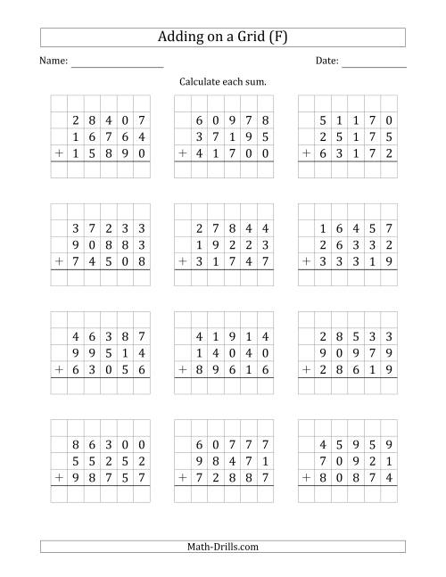 The Adding Three 5-Digit Numbers on a Grid (F) Math Worksheet