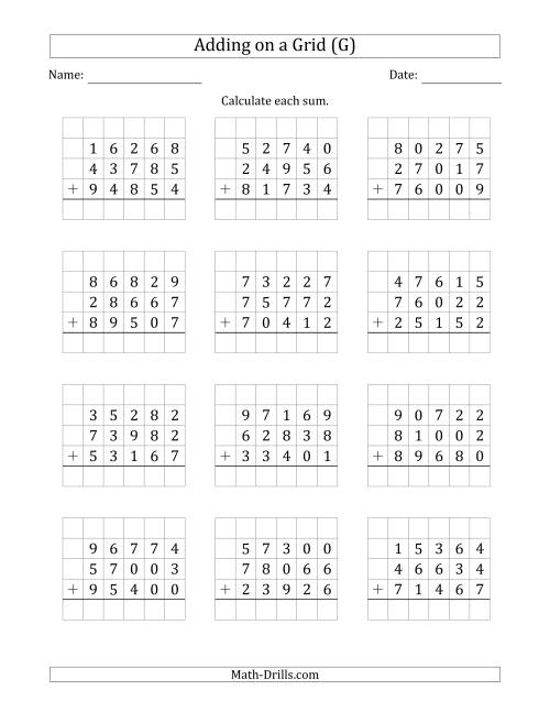 The Adding Three 5-Digit Numbers on a Grid (G) Math Worksheet