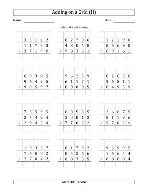 The Adding Three 5-Digit Numbers on a Grid (H) Math Worksheet