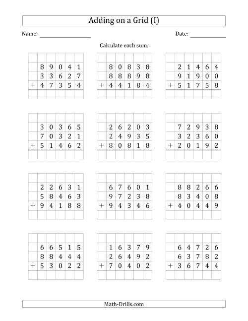 The Adding Three 5-Digit Numbers on a Grid (I) Math Worksheet