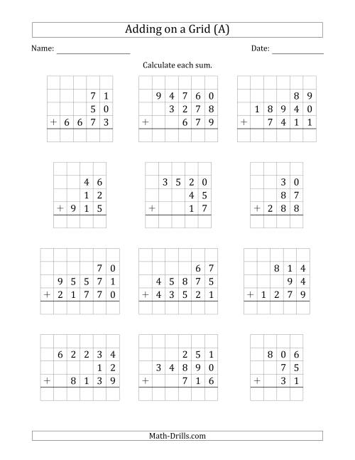 The Adding Three Various-Digit Numbers on a Grid (A) Math Worksheet