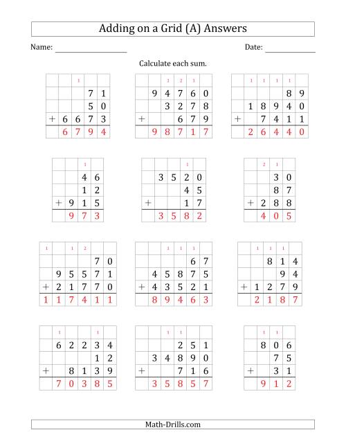 The Adding Three Various-Digit Numbers on a Grid (A) Math Worksheet Page 2