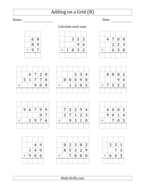 The Adding Three Various-Digit Numbers on a Grid (B) Math Worksheet