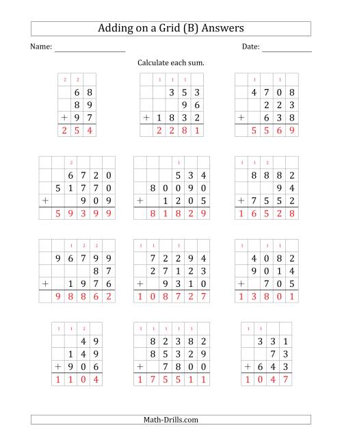The Adding Three Various-Digit Numbers on a Grid (B) Math Worksheet Page 2