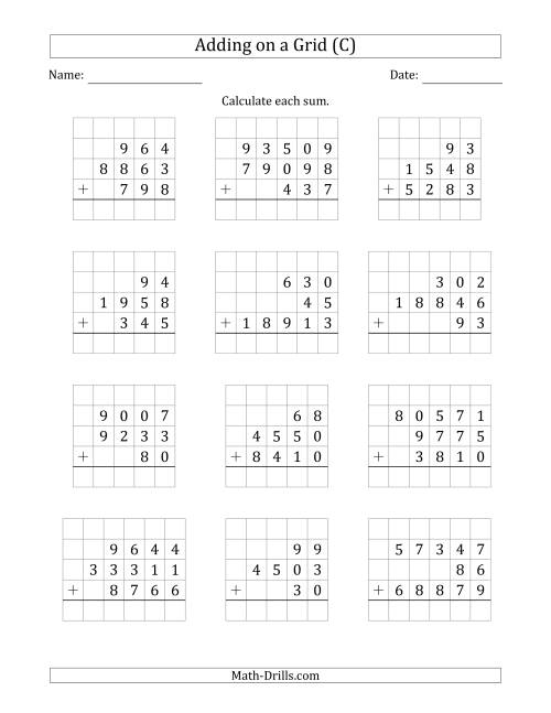 The Adding Three Various-Digit Numbers on a Grid (C) Math Worksheet