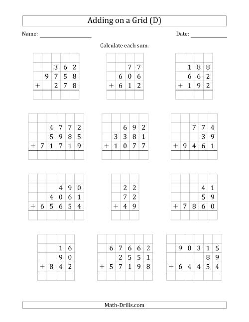 The Adding Three Various-Digit Numbers on a Grid (D) Math Worksheet