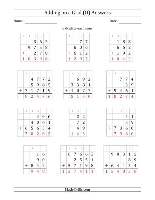 The Adding Three Various-Digit Numbers on a Grid (D) Math Worksheet Page 2