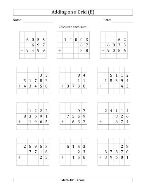 The Adding Three Various-Digit Numbers on a Grid (E) Math Worksheet