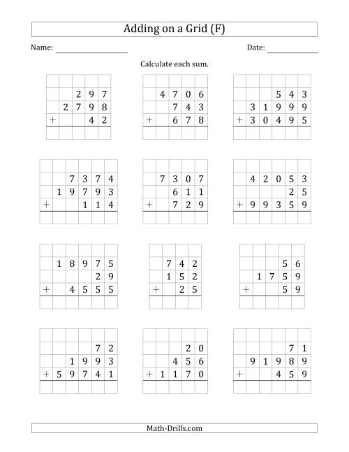 The Adding Three Various-Digit Numbers on a Grid (F) Math Worksheet