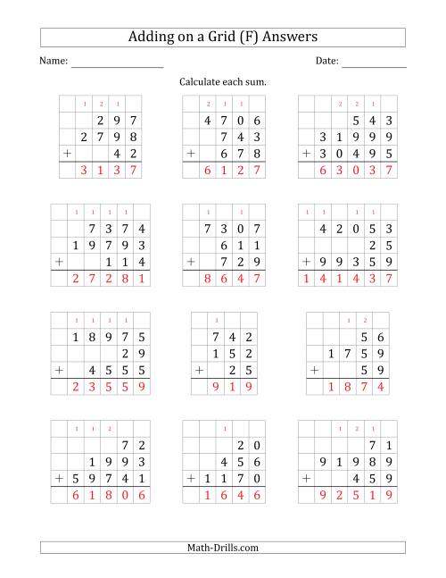 The Adding Three Various-Digit Numbers on a Grid (F) Math Worksheet Page 2