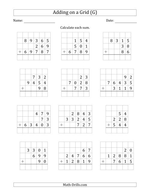 The Adding Three Various-Digit Numbers on a Grid (G) Math Worksheet