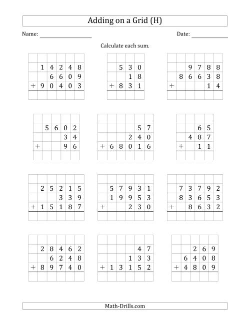 The Adding Three Various-Digit Numbers on a Grid (H) Math Worksheet