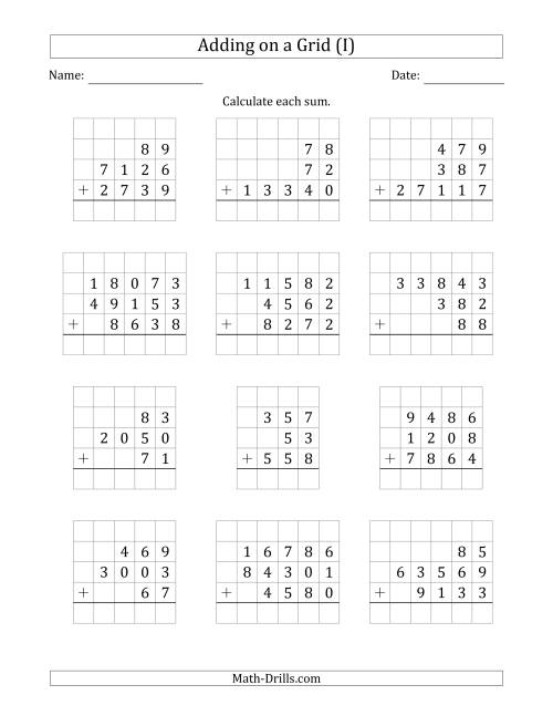 The Adding Three Various-Digit Numbers on a Grid (I) Math Worksheet